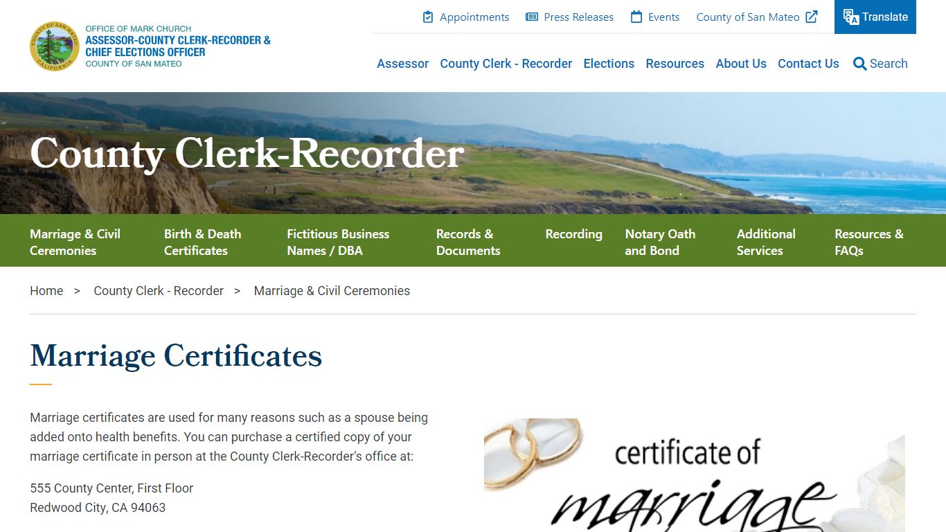 Marriage Certificates - San Mateo County Assessor-County ...