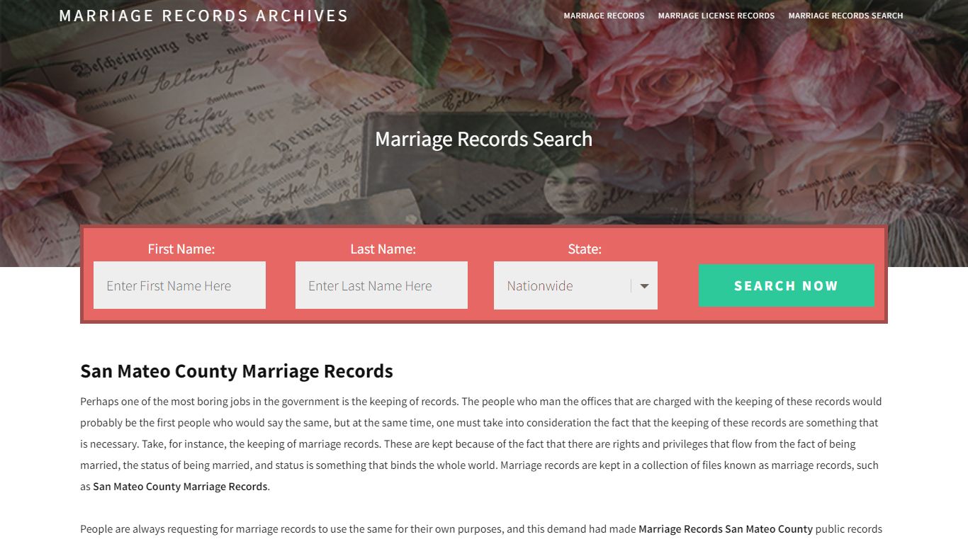 San Mateo County Marriage Records | Enter Name and Search
